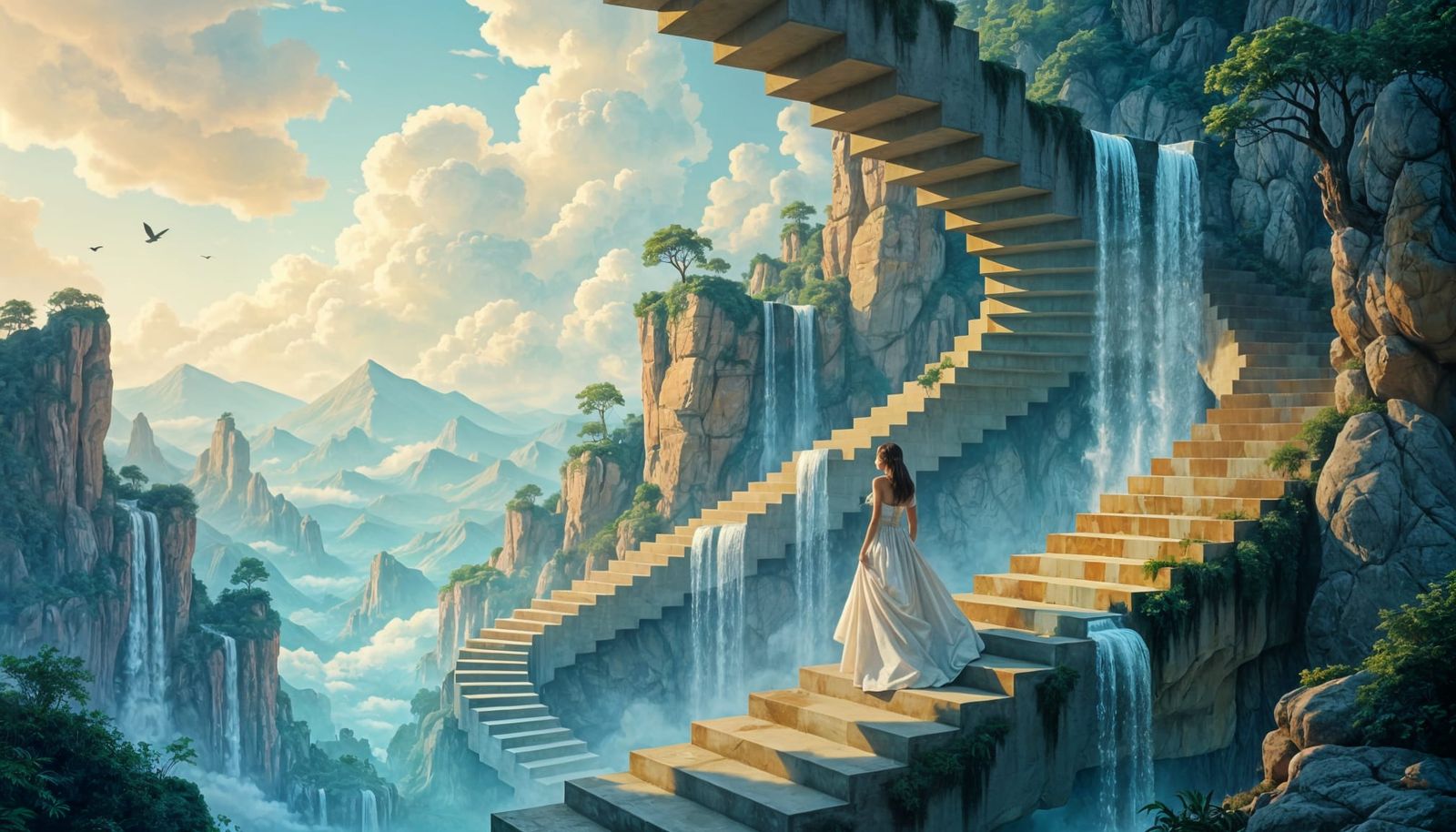 Surreal Woman in Escher-Inspired Dreamscape