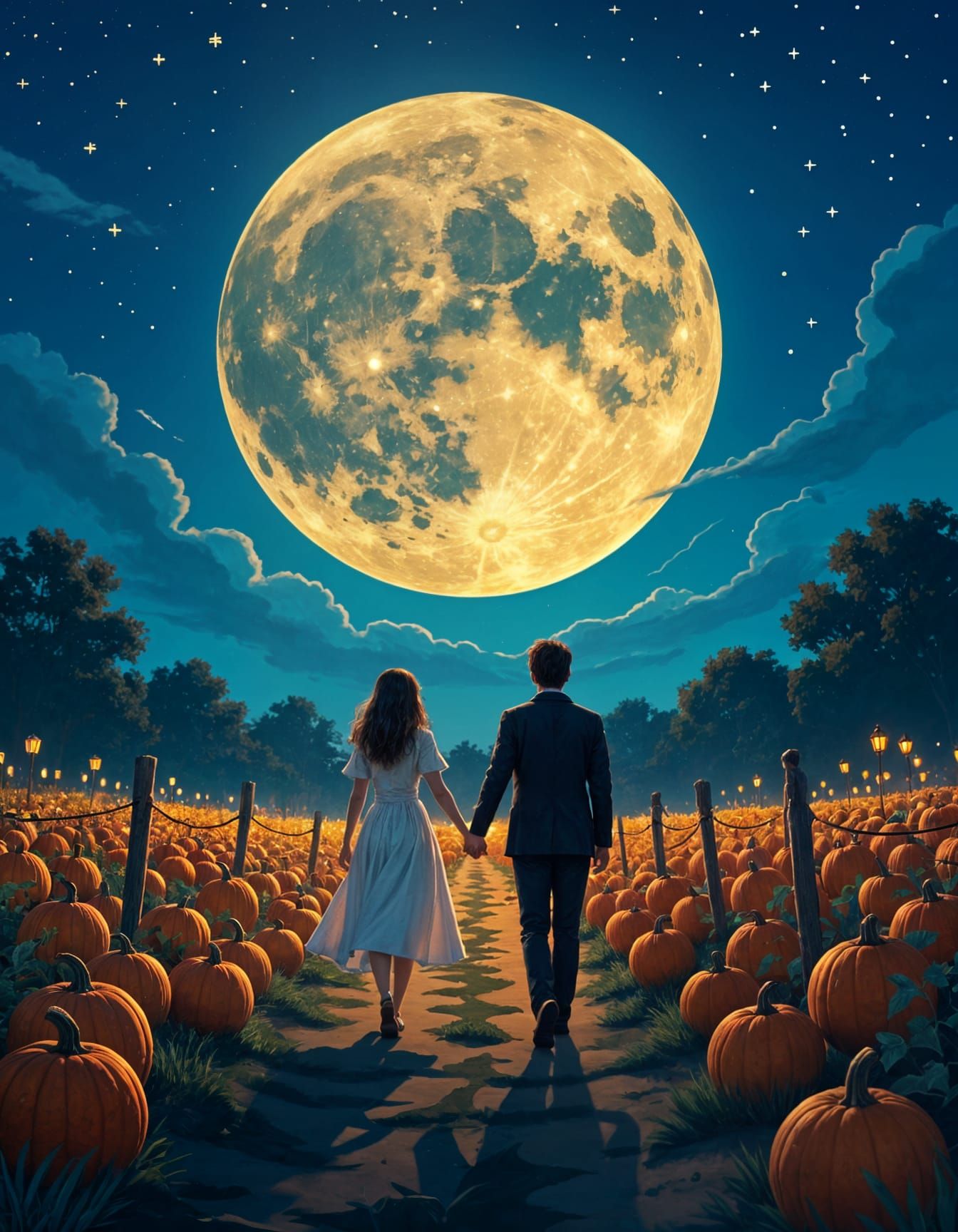 Couple in Moonlit Pumpkin Patch