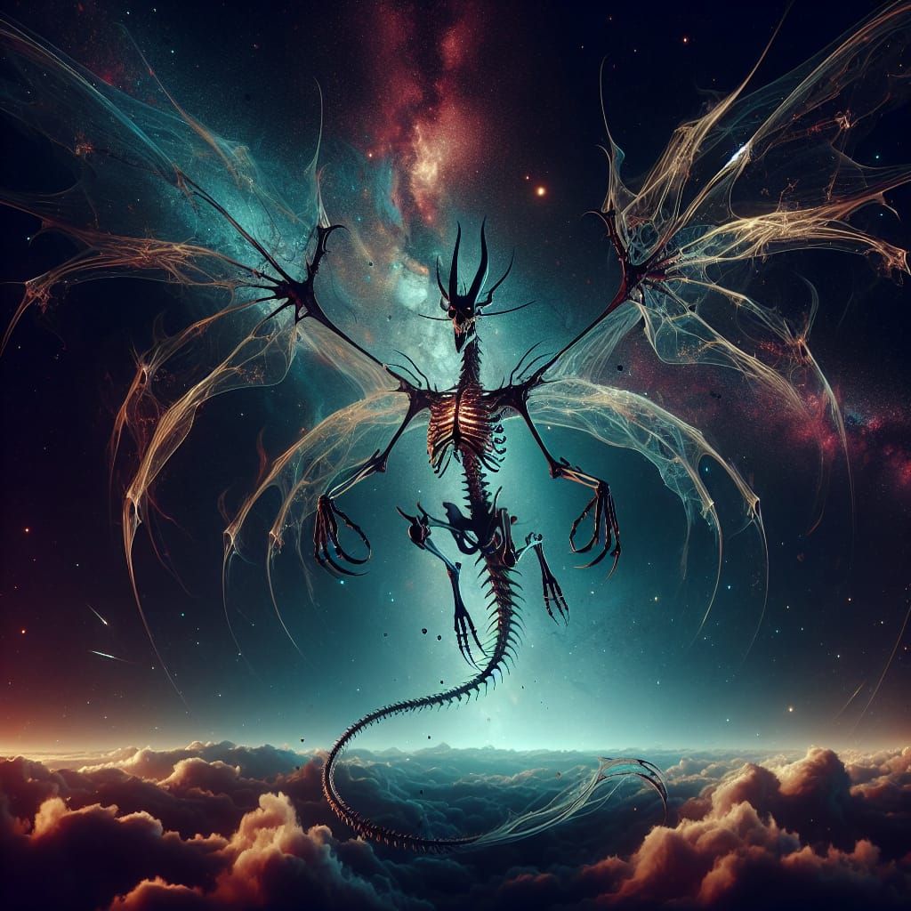 Ethereal Skeletal Dragon in Starry Night Sky