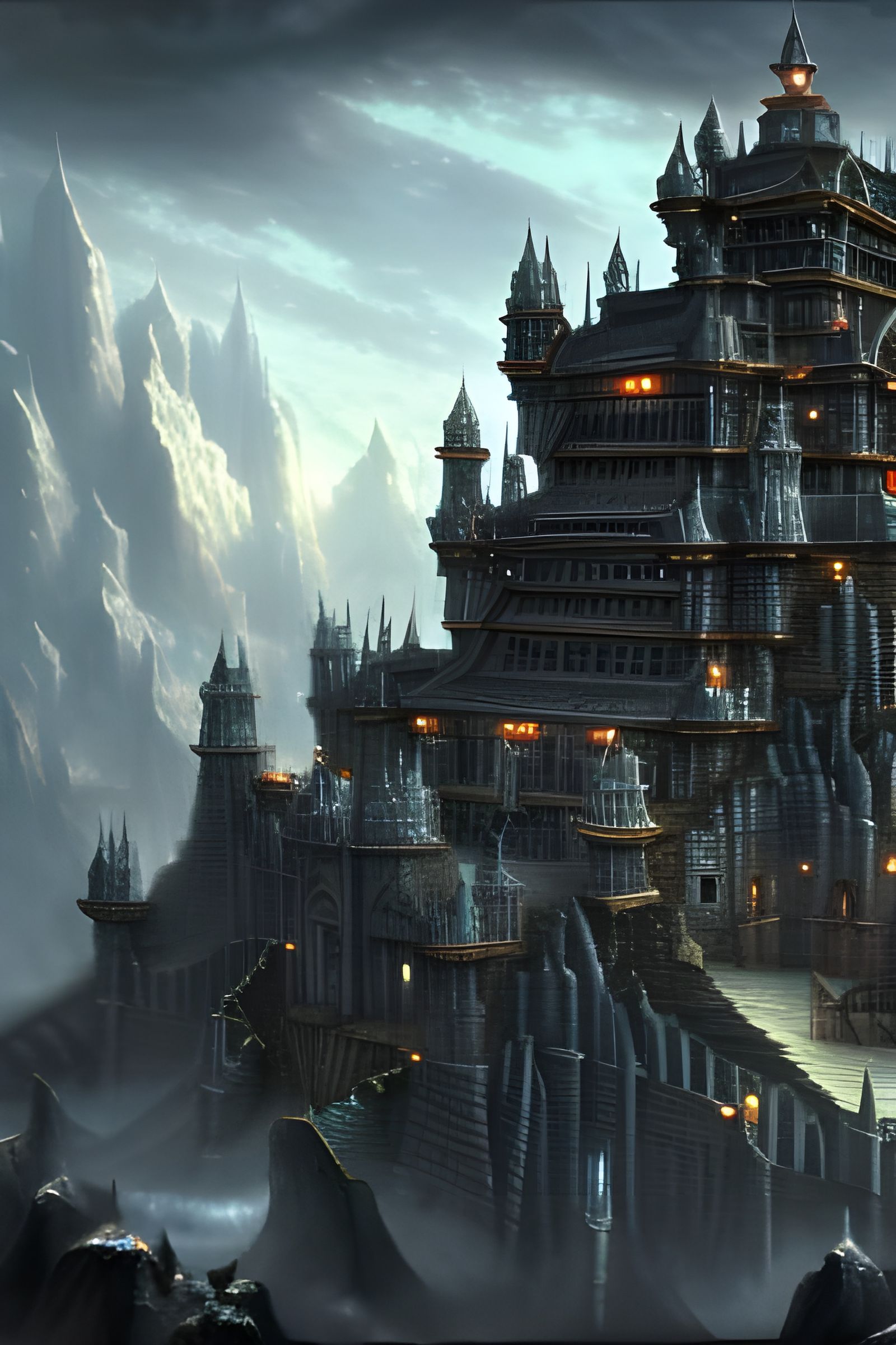 Flying Black Stone Fortress in High Fantasy Style
