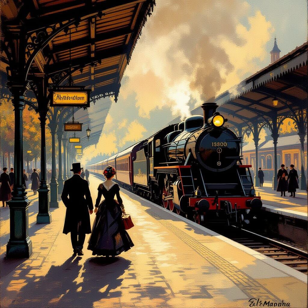 Vintage Train Station in Impressionist Style
