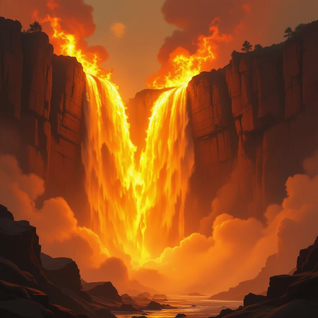 Blazing Waterfall of Fire Cascading Down a Cliff