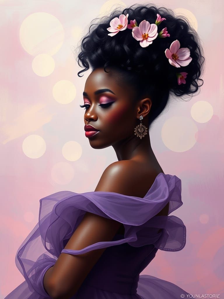 Dreamy Woman in Purple Gown with Pastel Flowers