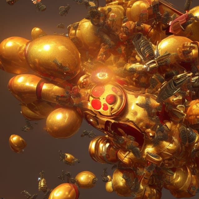 Metallic Rose with Robotic Bees in Sci-Fi Style