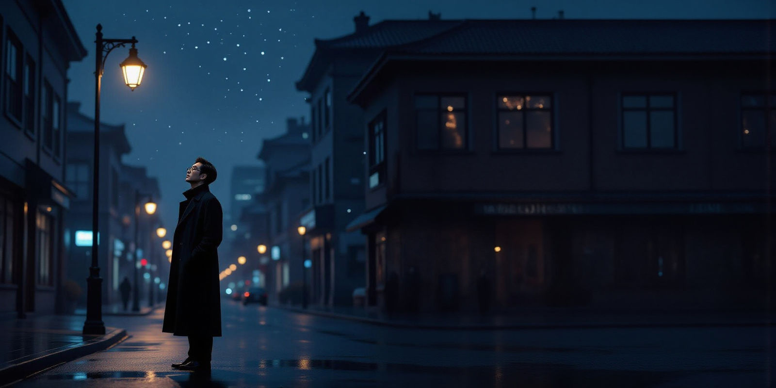 Korean Man in Rain-Slicked City Street at Night