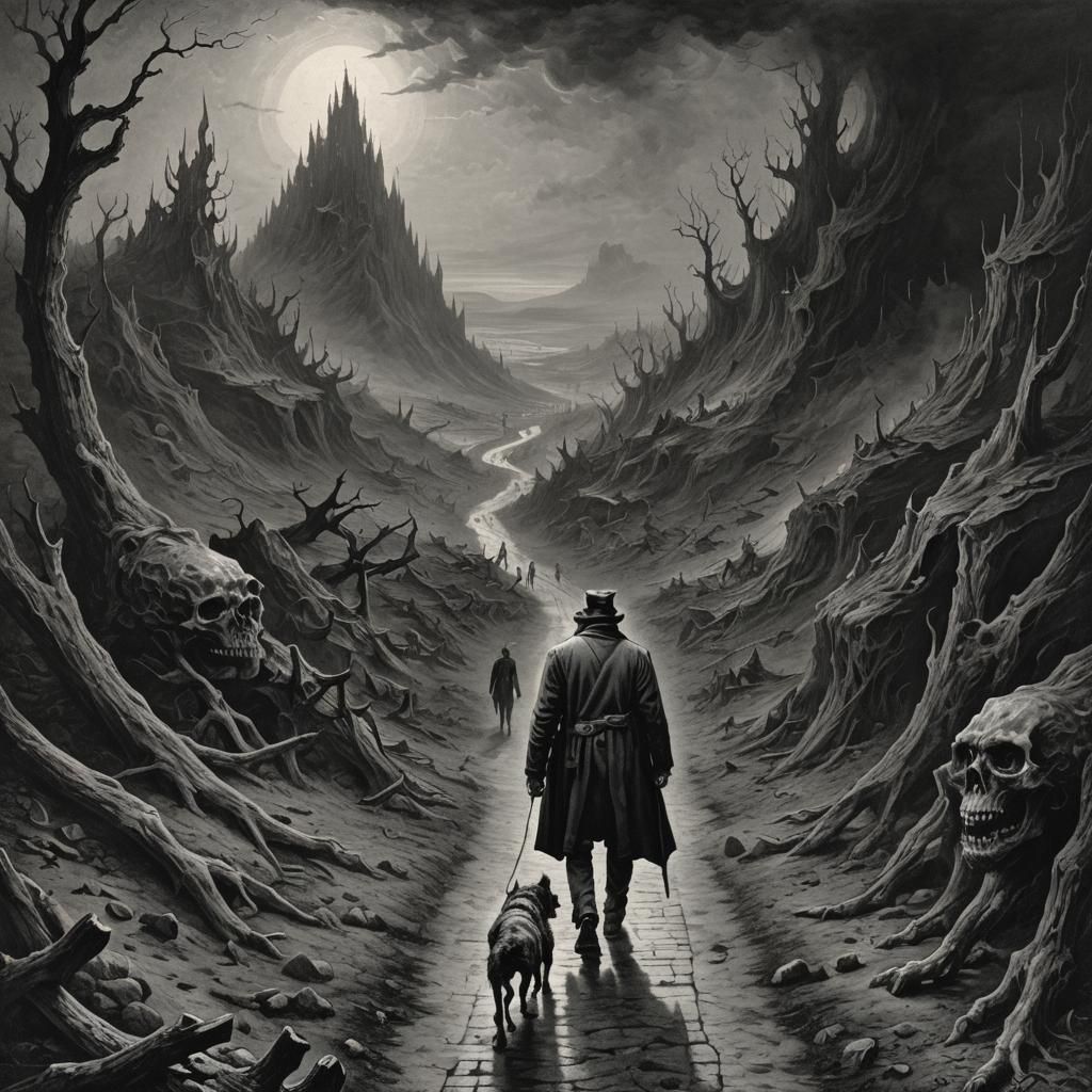 Man and Dog on Path to Hell: Dark Fantasy