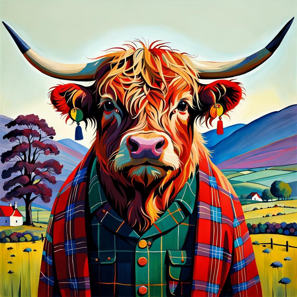 Highland Cow in Tartan, Photorealistic Style