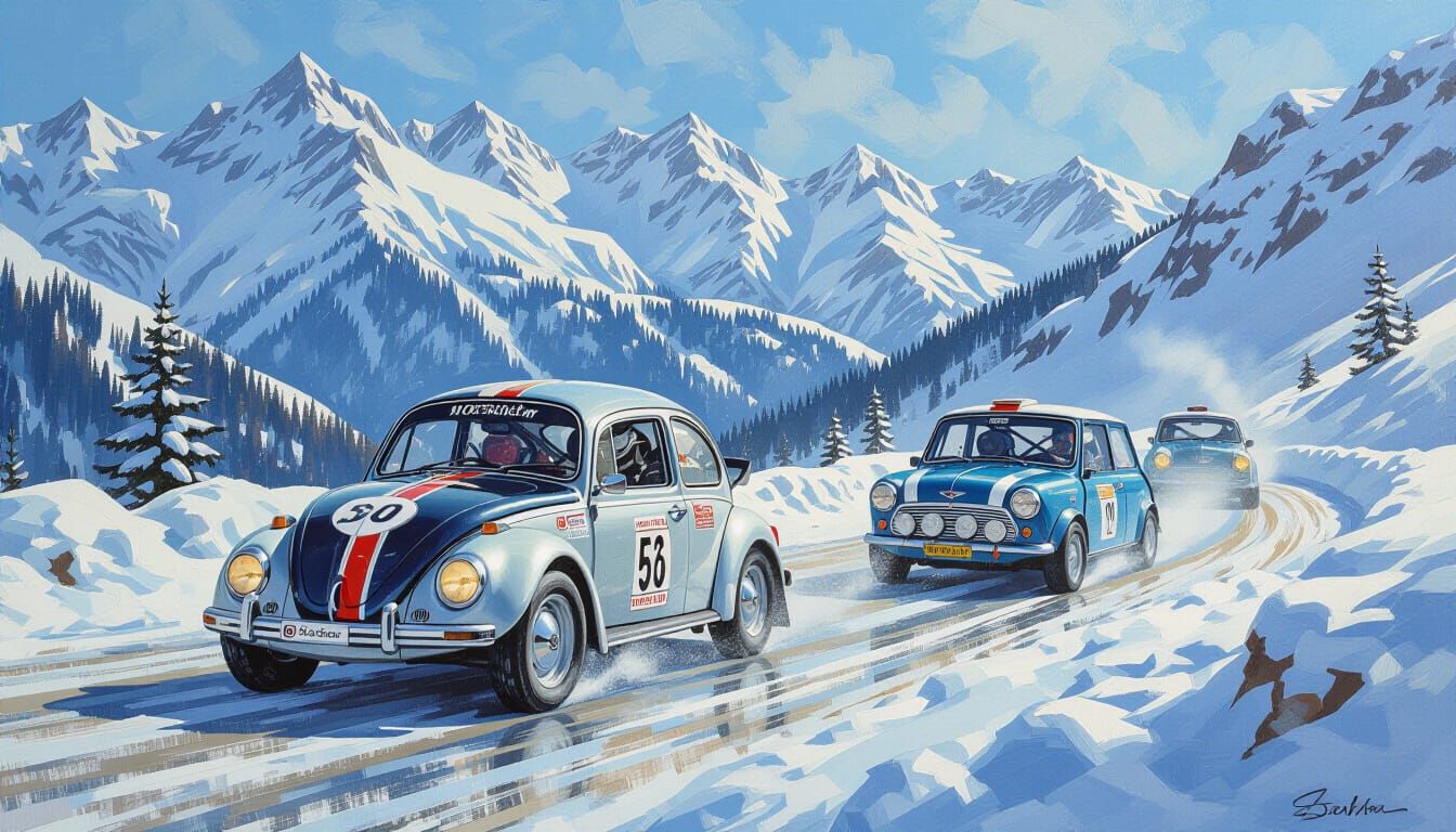Vintage Rally Cars Race Through Snowy Alps