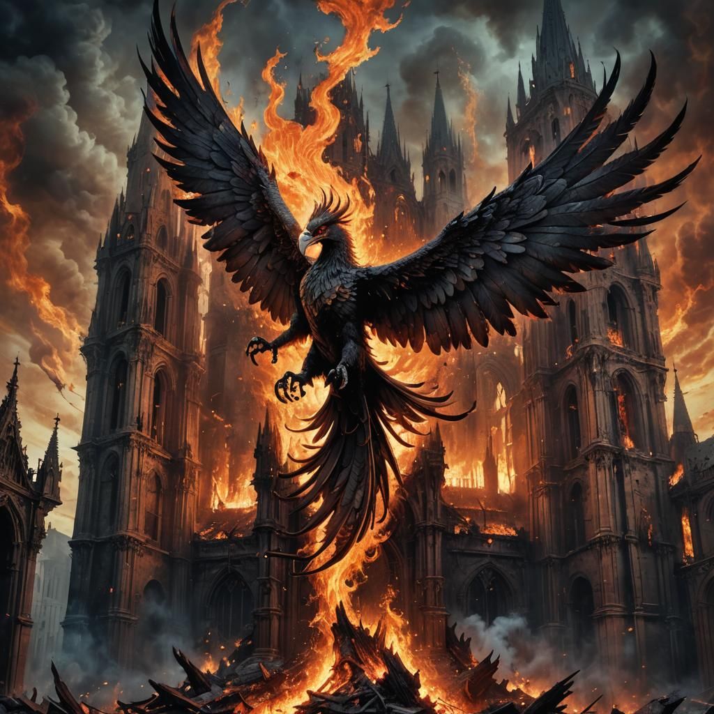 Phoenix Rising in Gothic Cathedral, Dark Fantasy Artwork