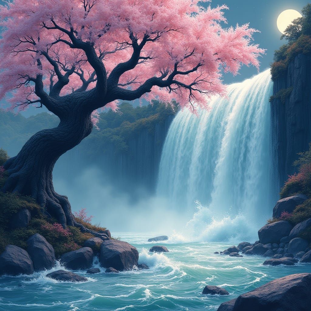 Sakura Tree and Waterfall in Woodblock Style