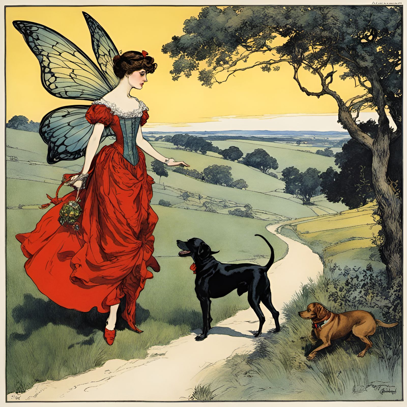 Victorian fairy with her dogs in the countryside