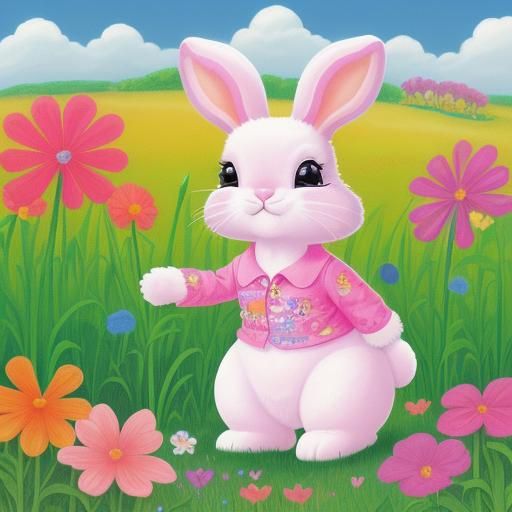 Lisa Frank Bunny Among Flowers