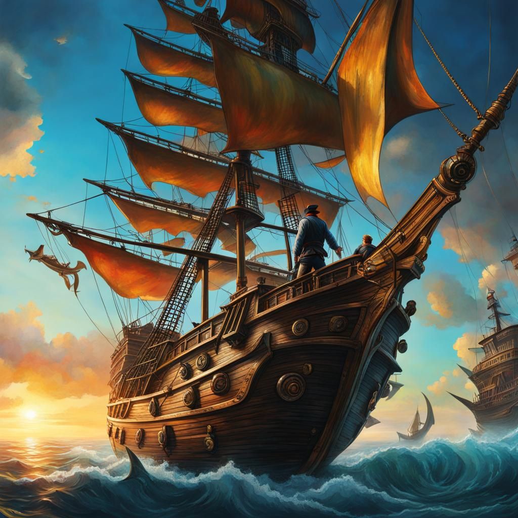 Hyperrealistic Pirate Ship Planks Walking the Sea