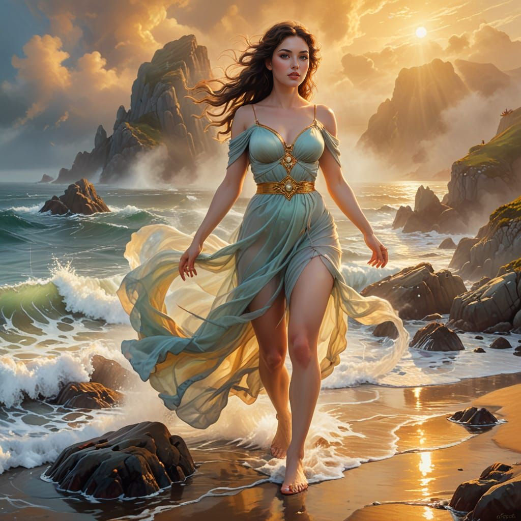 Ethereal Goddess Emerges from Misty Shore