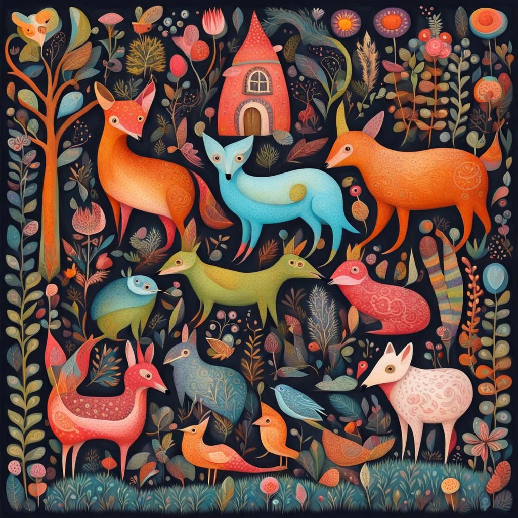 Folk Art Wildlife in Whimsical Fairy Land