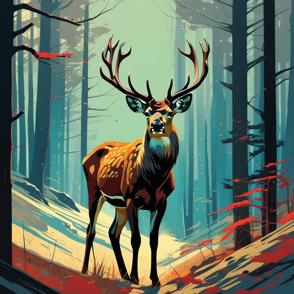 Majestic Sika Deer in Dark Fantasy Illustration