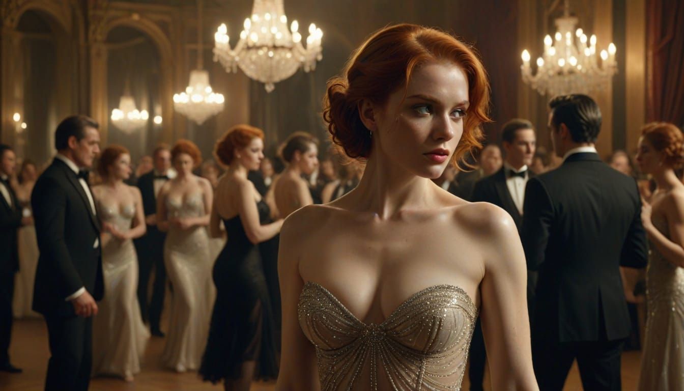 Topless Redhead Model in Opulent Ballroom, Helmut Newton Sty...