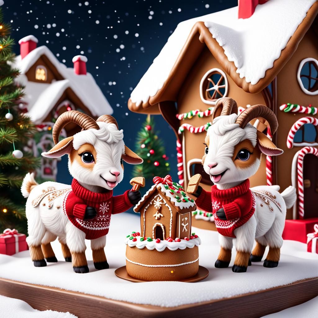 Chibi Goats Celebrate Christmas with Gingerbread House