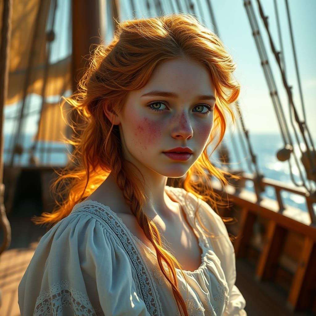 Ethereal Red-Haired Girl in 18th Century Sailing Vessel Sett...