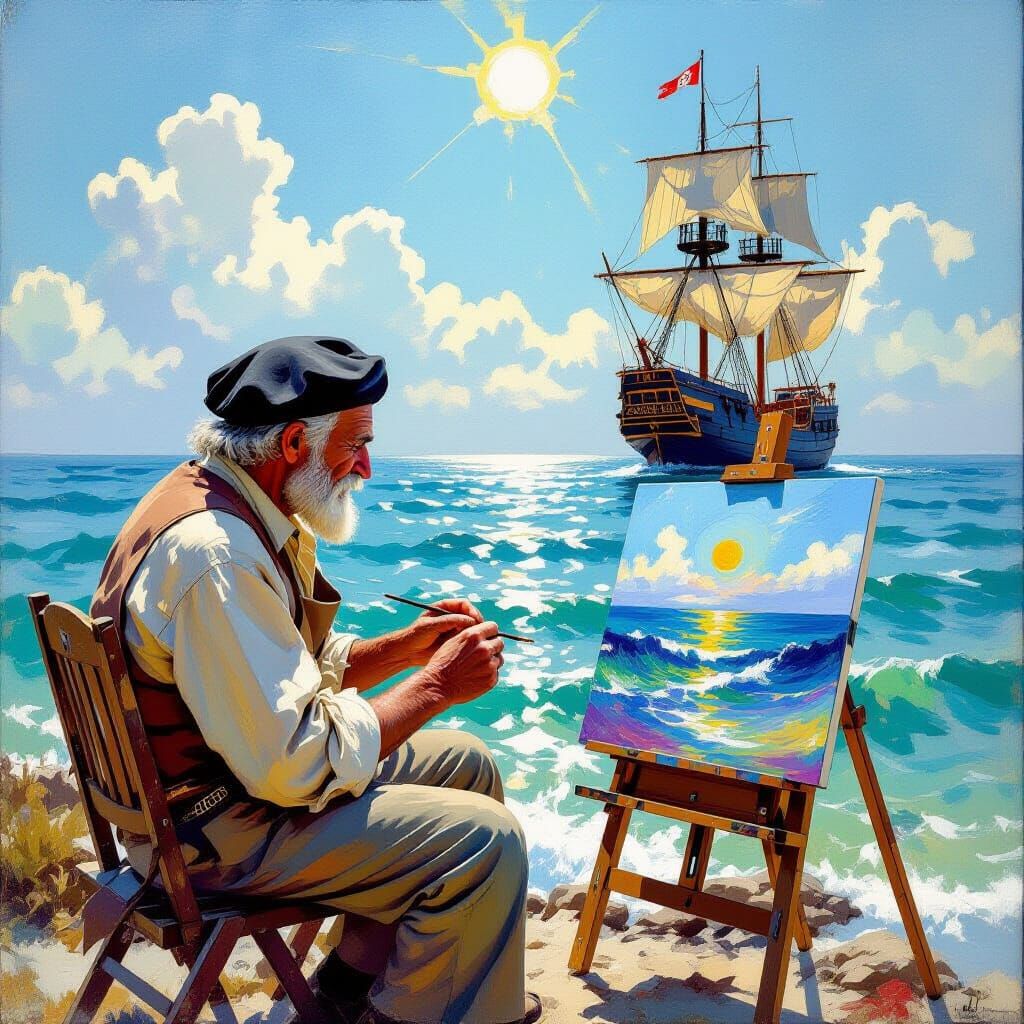Elderly Artist Sketches Pirate Ship in Oil Painting Style