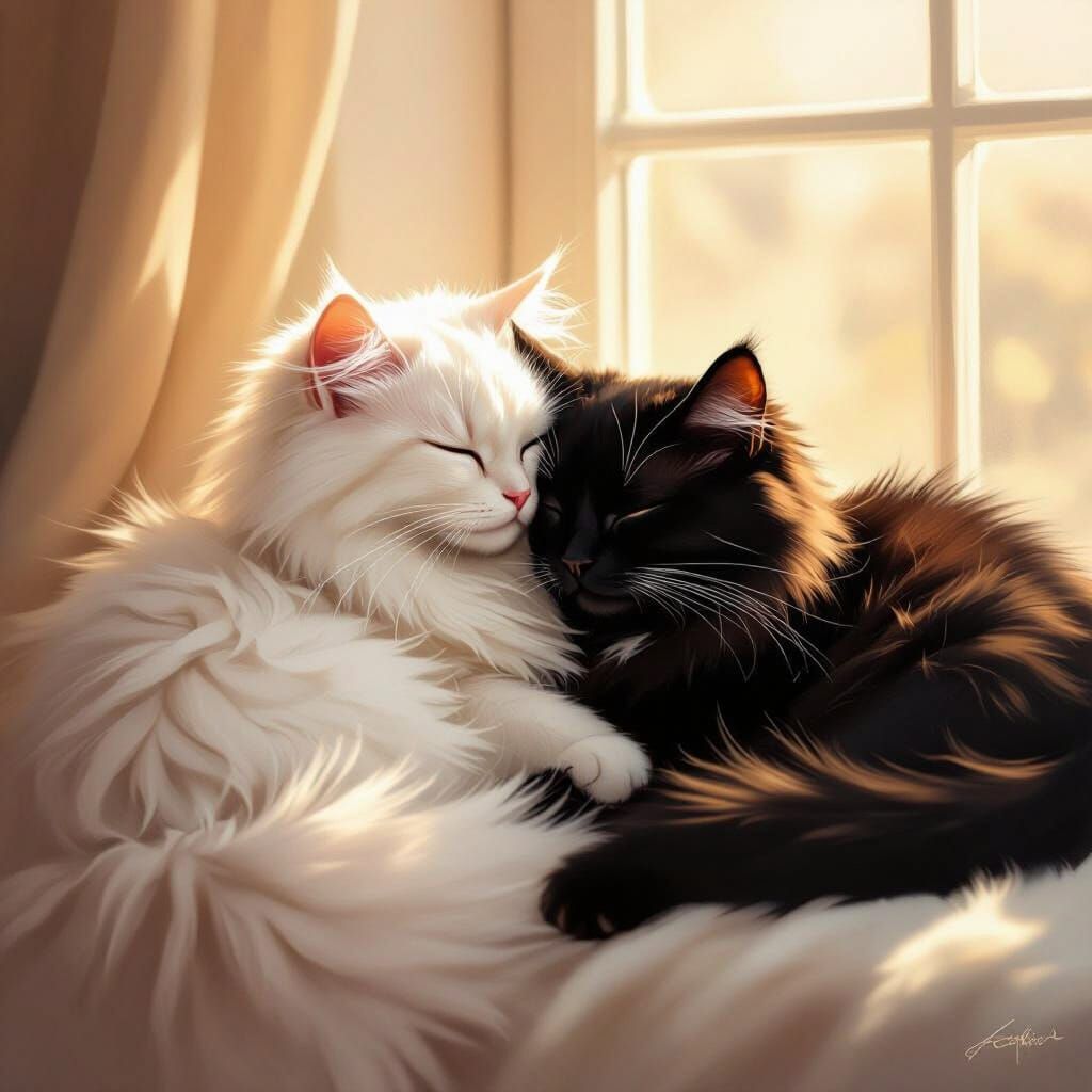 Fluffy White and Black Cats Cuddle on Sunlit Windowsill