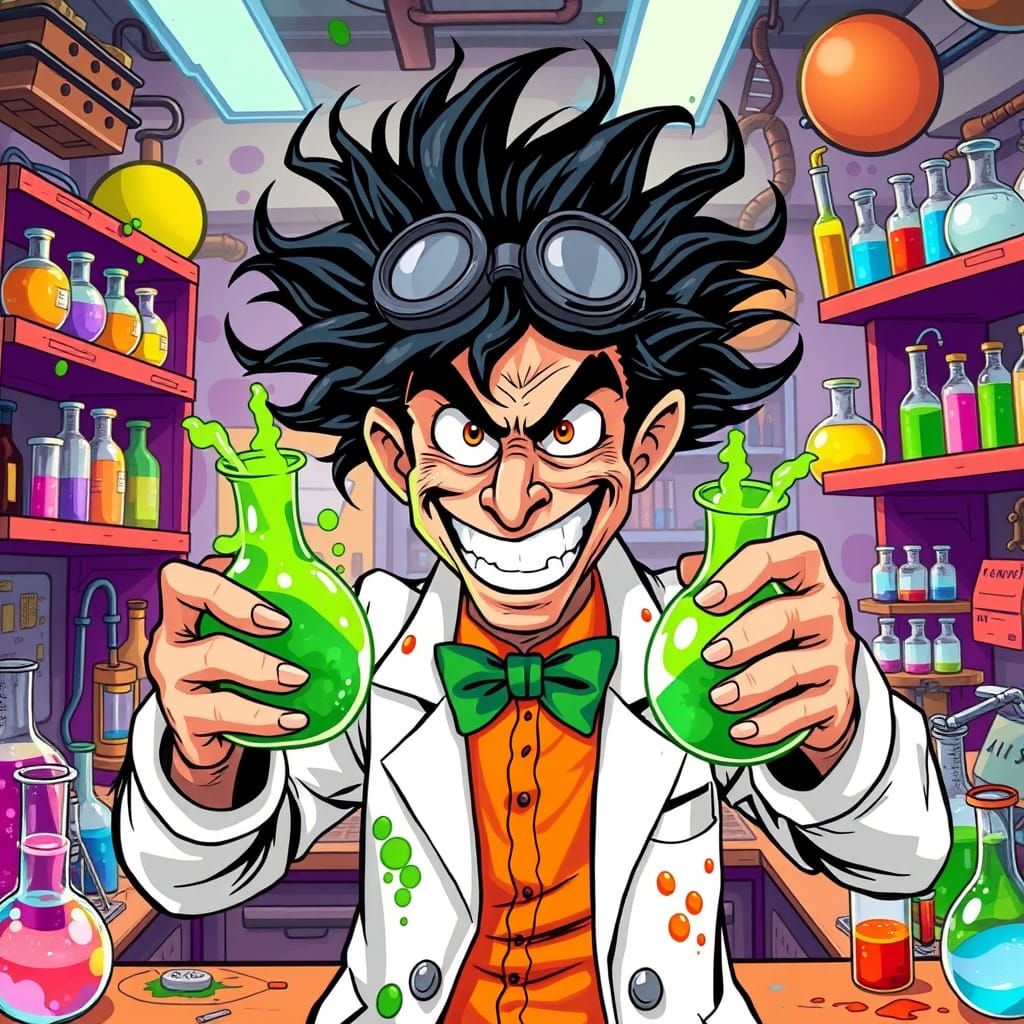 Mad Scientist in a Vibrant Comic Book Lab