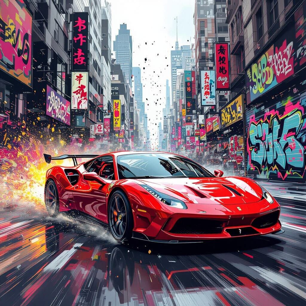 Ferrari Street Racer in a Polychromatic Cyberpunk Cityscape