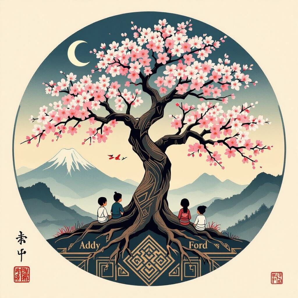 Ukiyo-e Cherry Blossom Family Crest with Native American Mot...