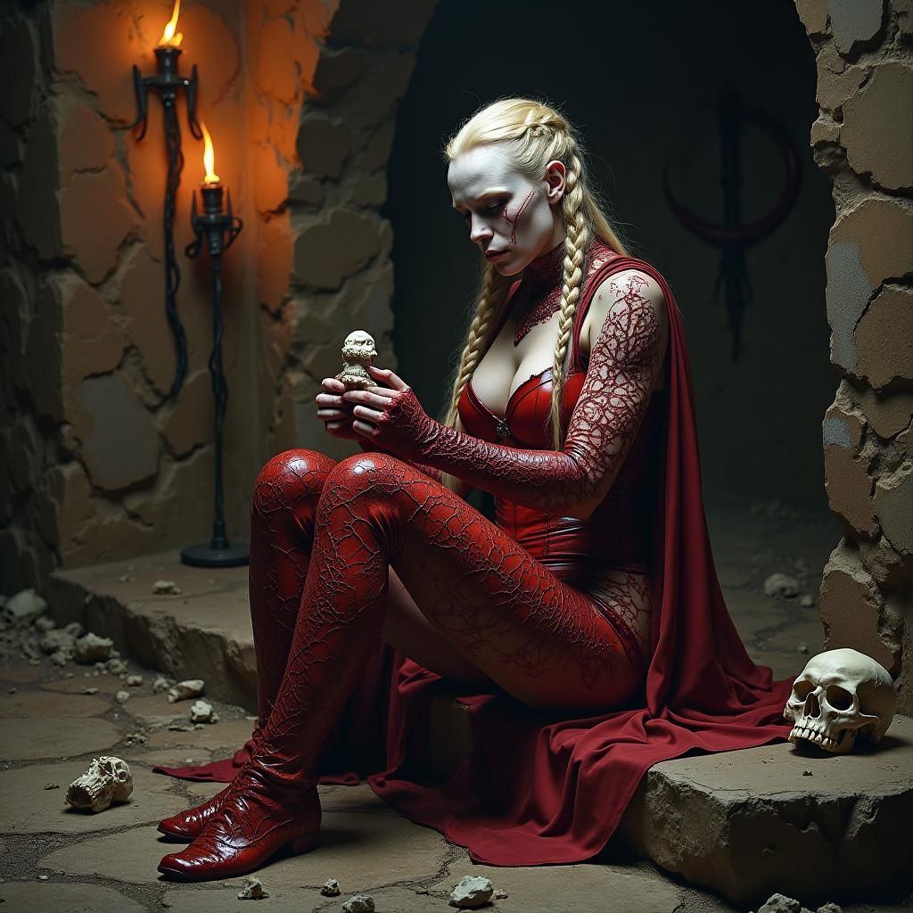 Sinister Woman Crafts Bone Figurine in Dark Chamber