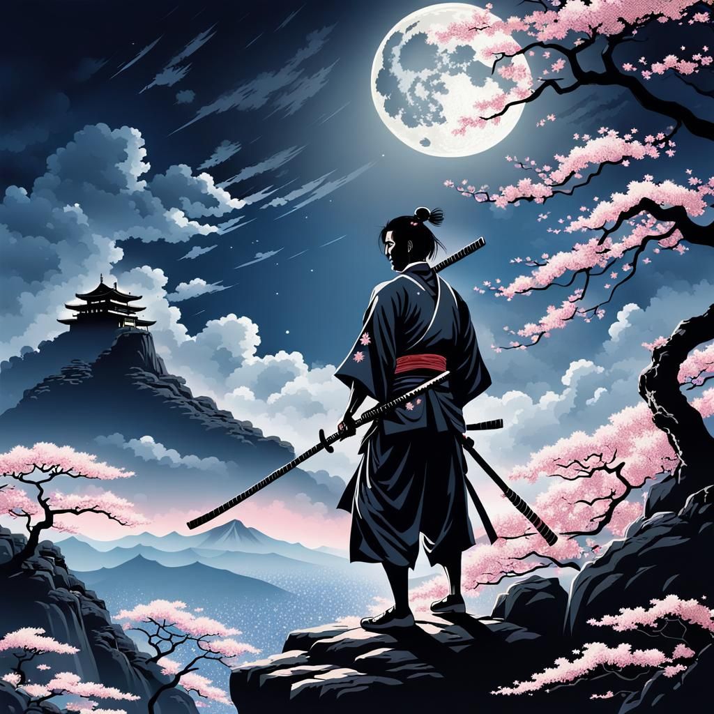 Samurai Silhouette with Katana and Moon
