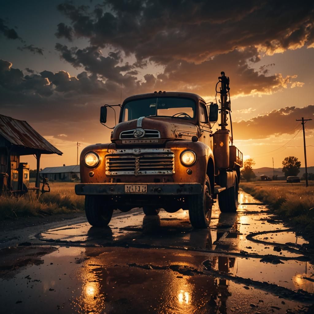 Antique Truck Refueling: Cinematic Film Still