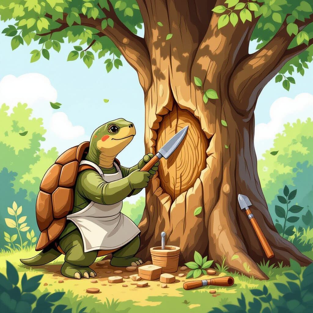 Tortoise Sculptor Carving a Tree in Whimsical Style