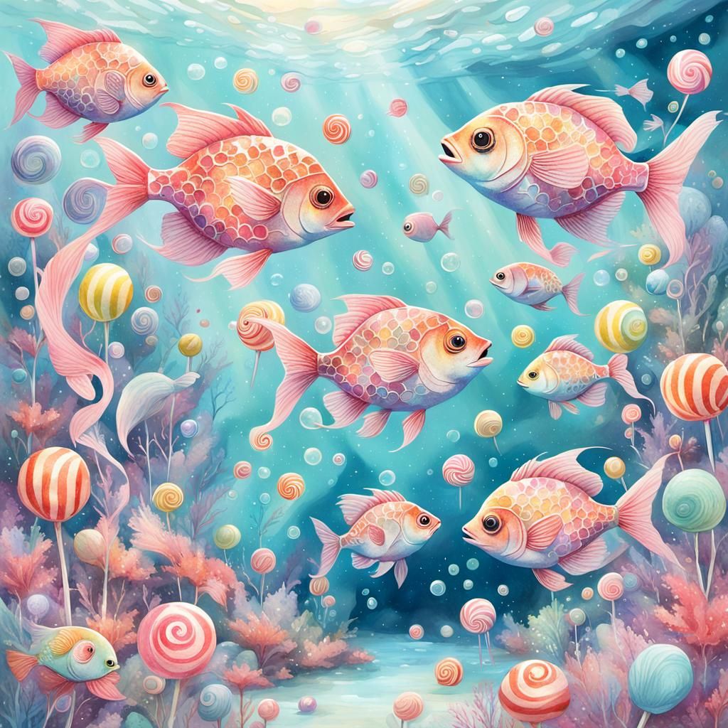 Whimsical Underwater Fish in Pastel Candy World
