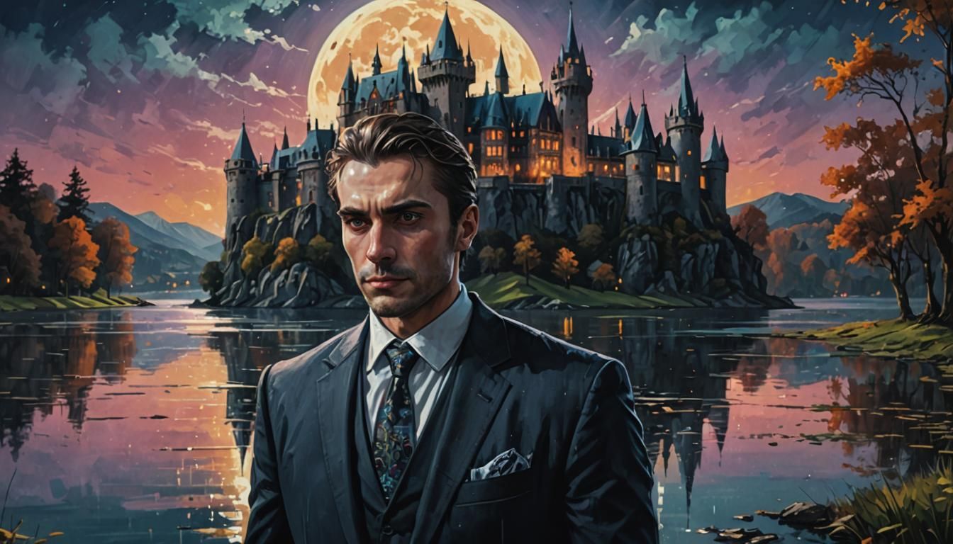 Gothic Castle by Lake Under Full Moon