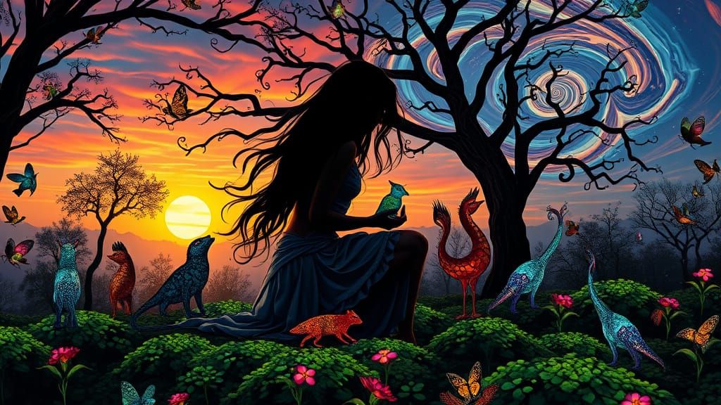 Mythical Creatures Collage in Surreal Bioluminescent Forest