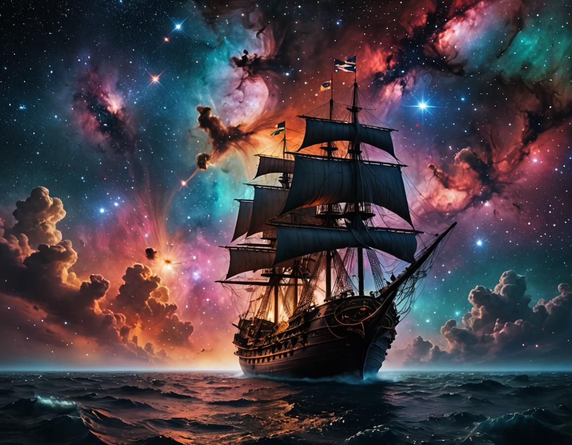Medieval Ship Sails Through Colorful Nebula Galaxy