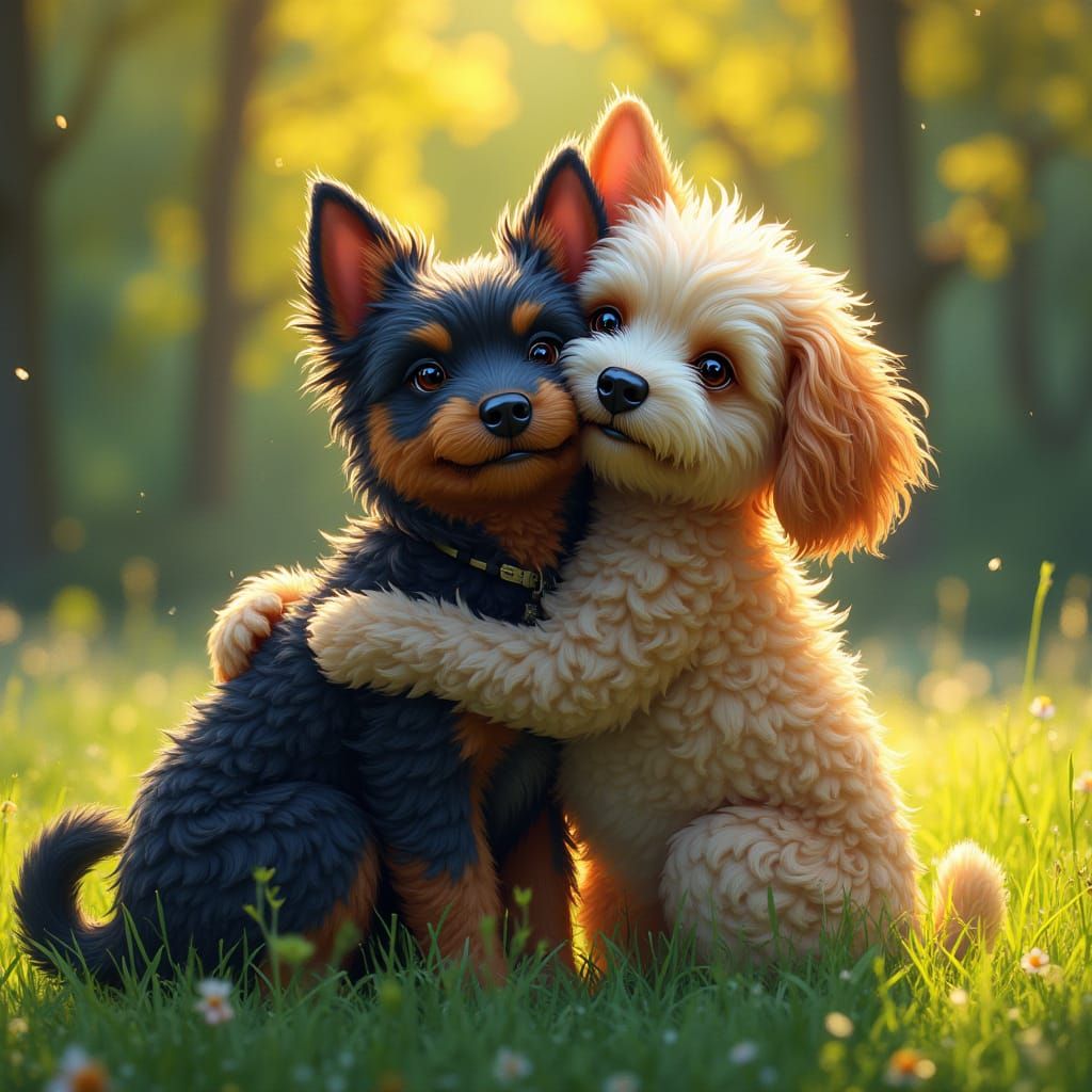 Dogs Embracing: Hyperrealistic Splash Art