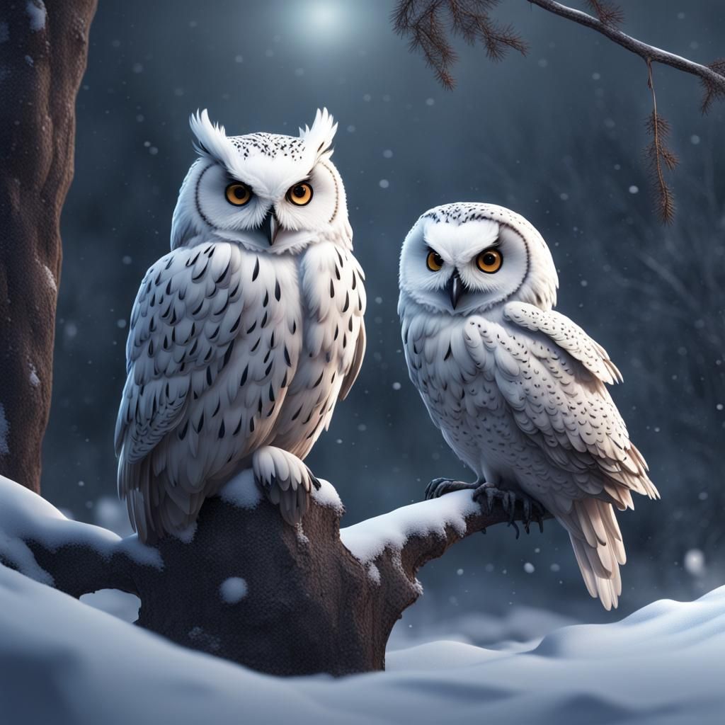 Cuddling Owls in Winter Snow: Detailed Matte Painting