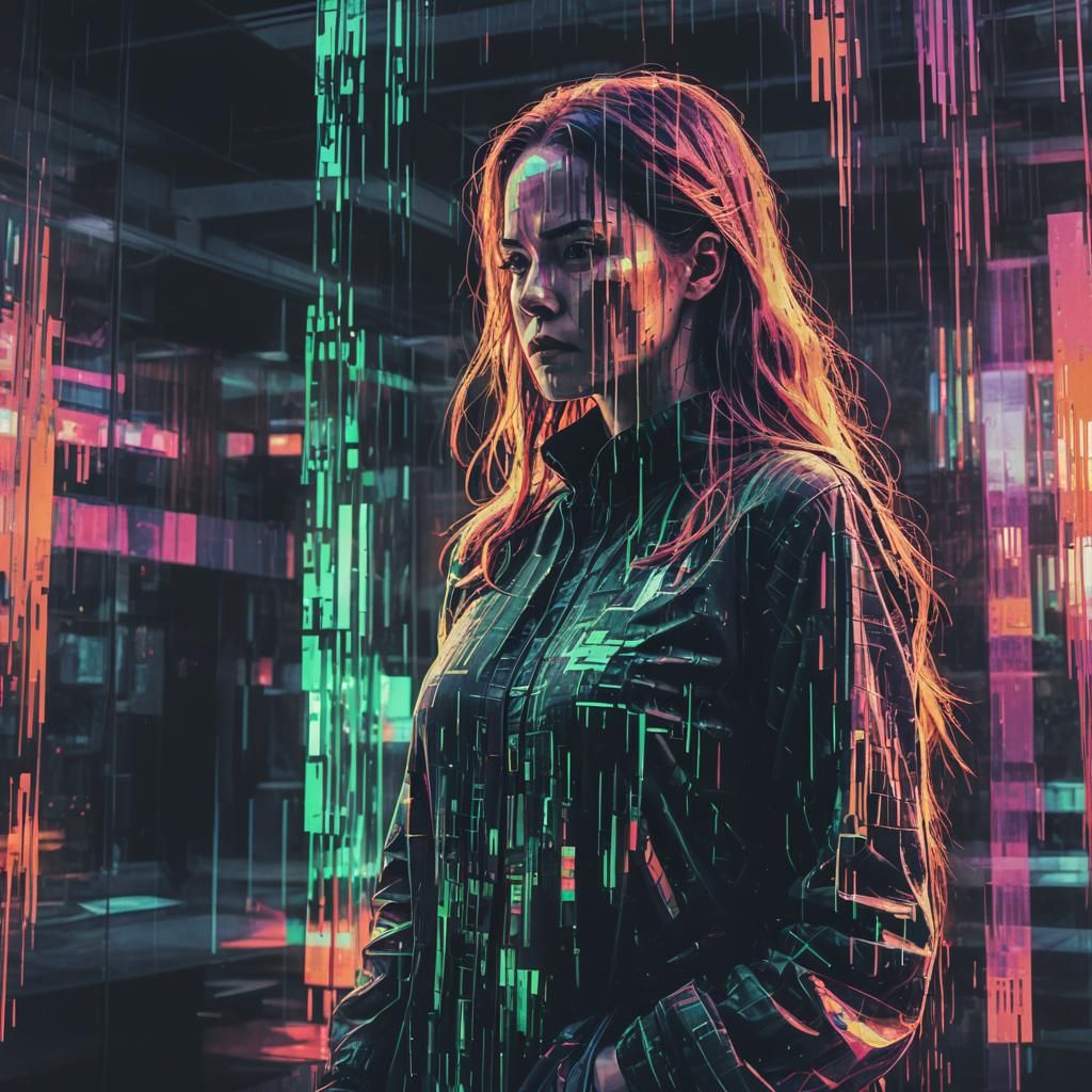 Ghost Woman at Window in Glitchcore Style