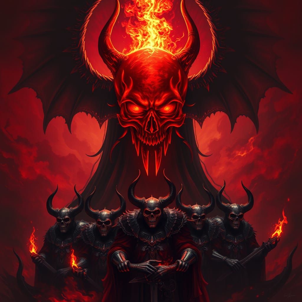 Dark Fantasy Figure Surrounded by Flames and Shadows in a He...