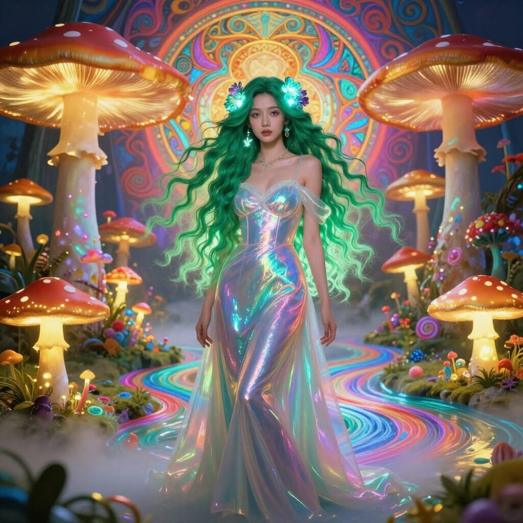 Emerald Haired Woman in Surreal Mushroom Wonderland