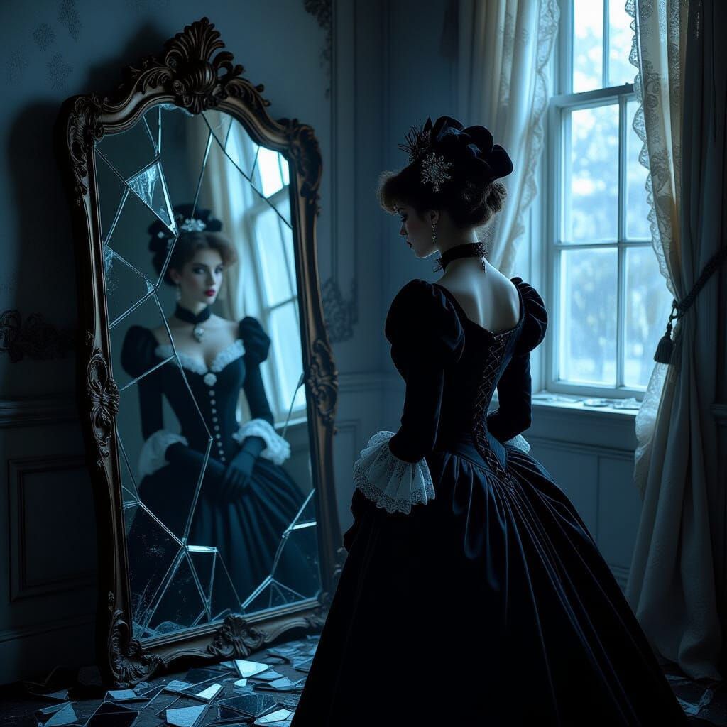 Victorian Woman's Fractured Reflection, Dreamy Art Style