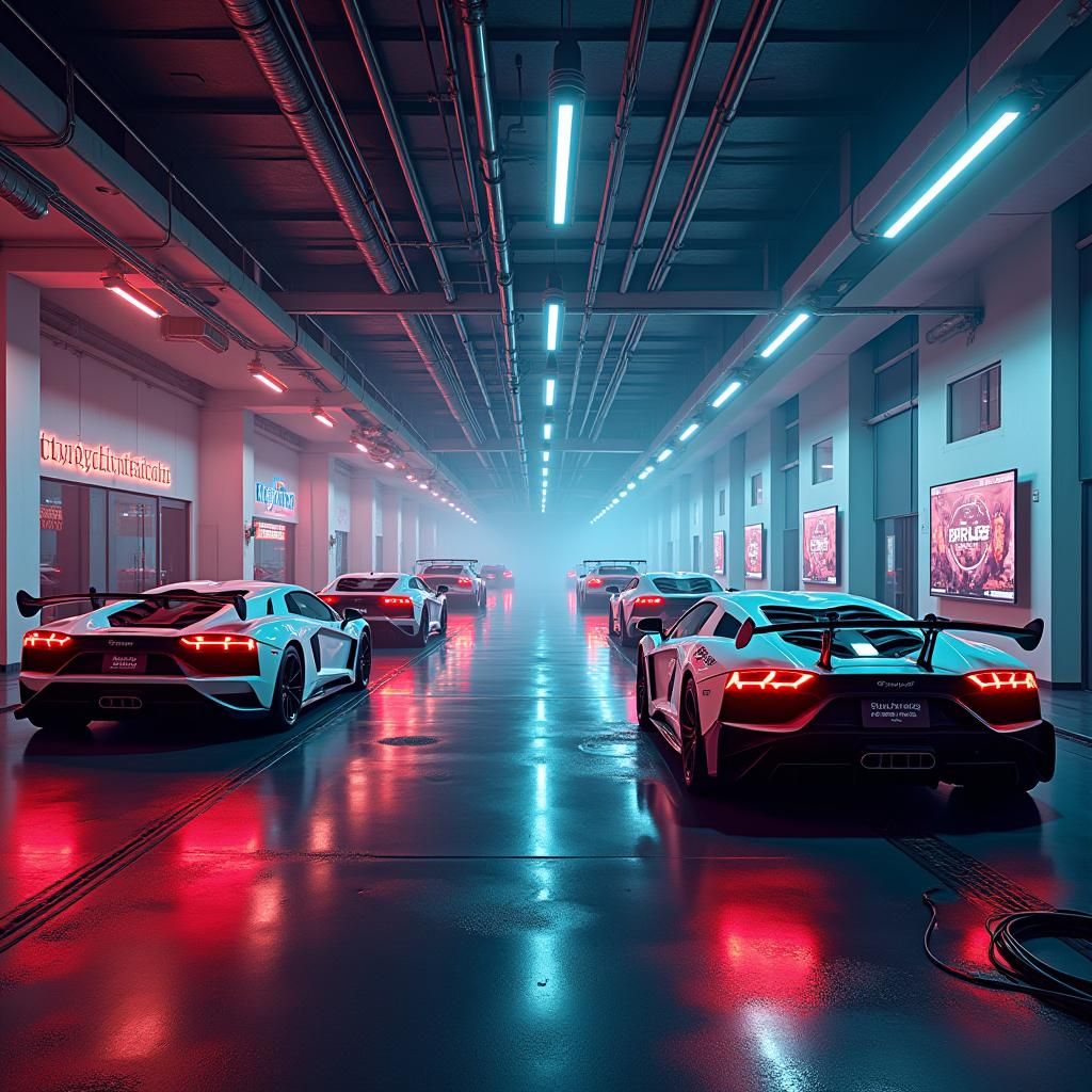 Luxury Cars in High-Tech Garage: Matte Painting