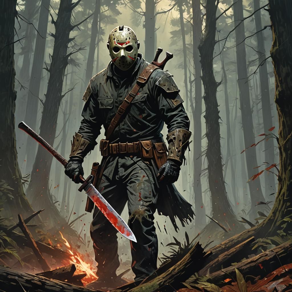 Eerie Forest: Jason Voorhees in Dark Fantasy Style