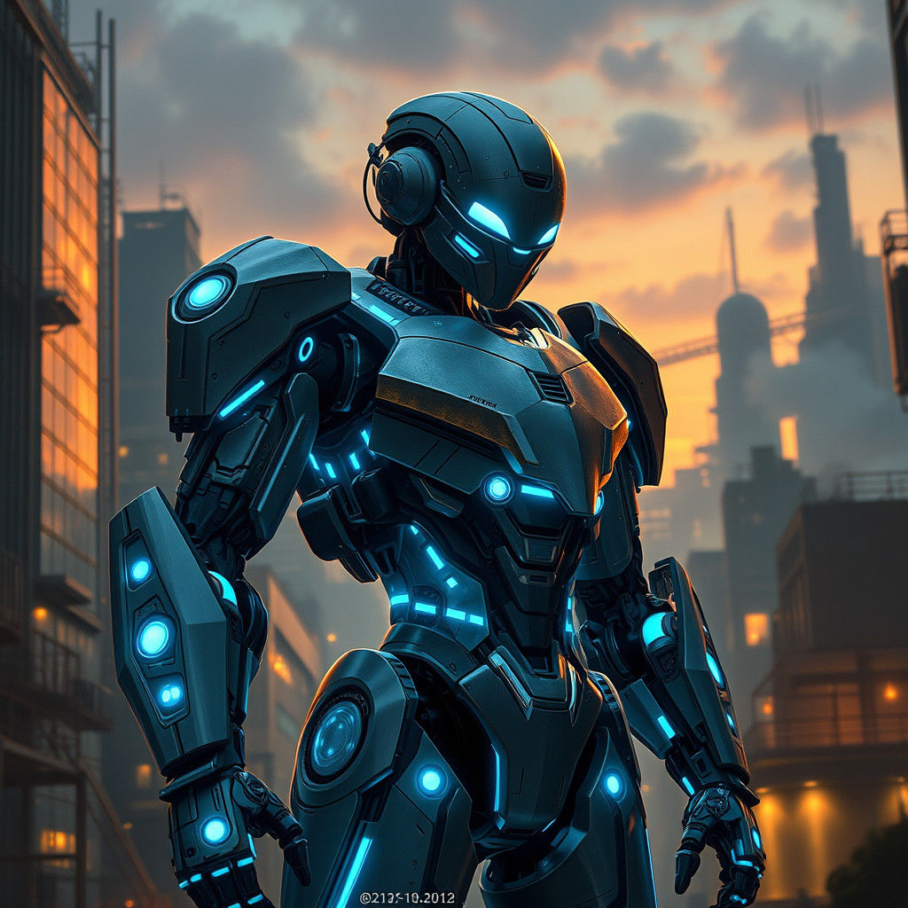 Futuristic Robot in Industrial Cityscape: Sci-Fi Concept Art