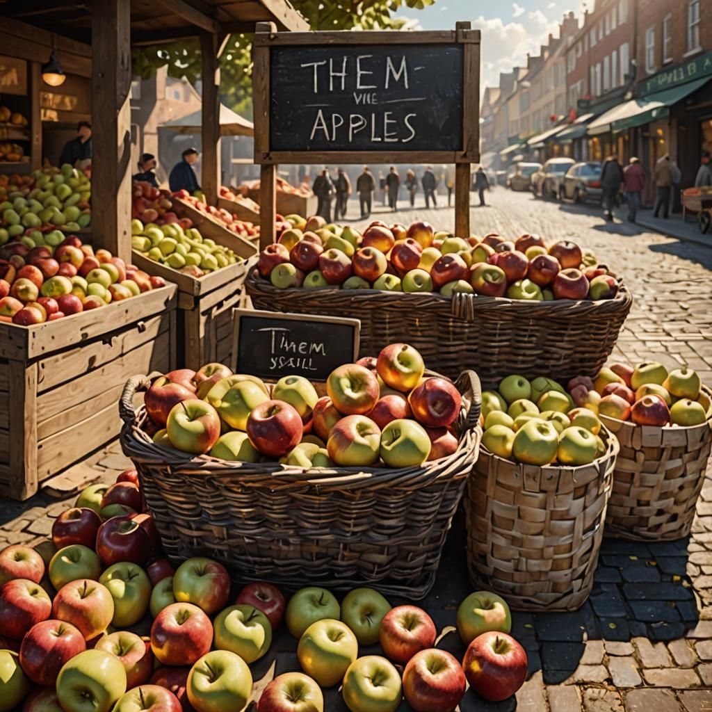 Hyperrealistic Apples in a Basket with Sign