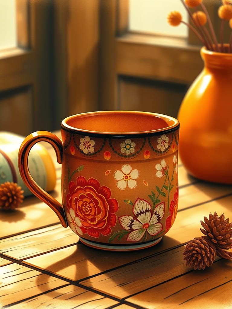 Cozy Folk Art Mug in Whimsical Watercolor Style