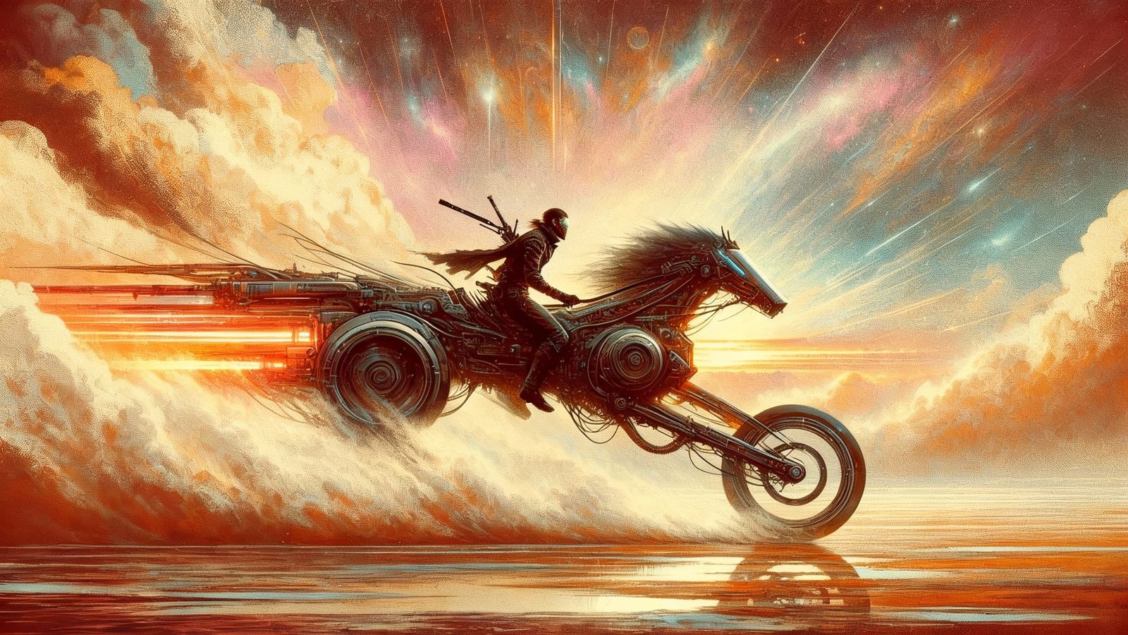 Cyberpunk Assassin Speeds Across Desert Horizon in Futuristi...