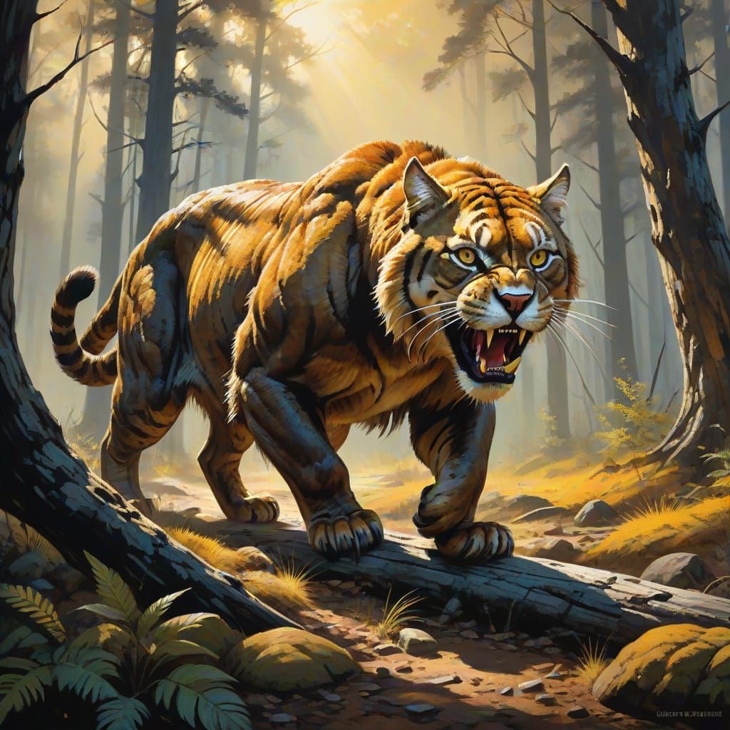 Saber-Toothed Cat Prowling in Prehistoric Forest