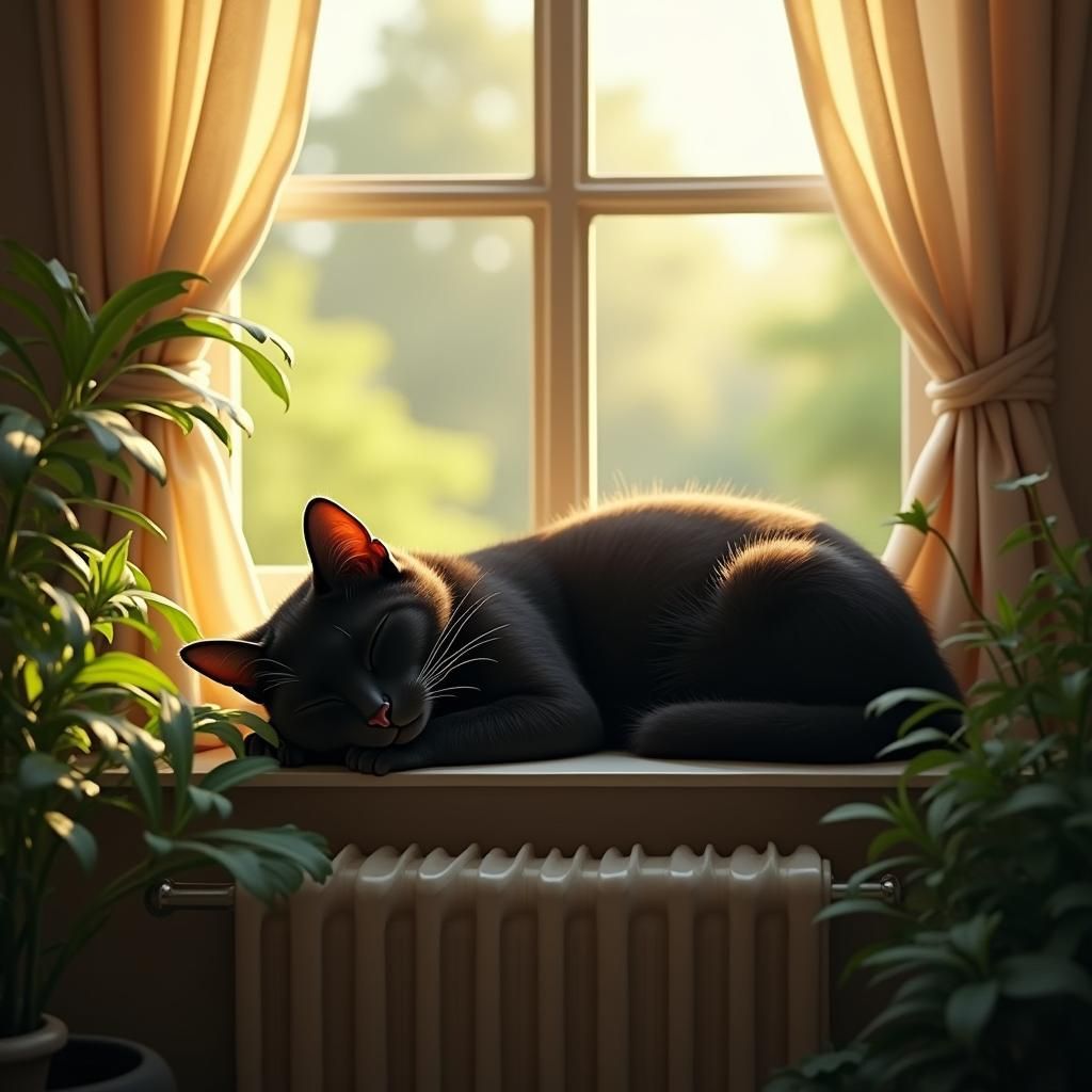 Black Cat's Sunny Slumber: Digital Matte Painting